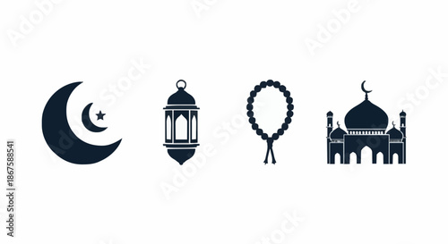 Minimalist Black and White Vector Illustration Set Featuring Islamic Symbols Including the Crescent Moon Lantern Prayer Beads and Mosque