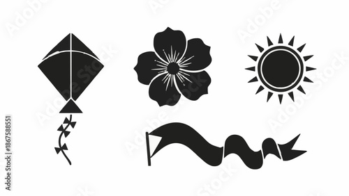 Minimalist Black and White Vector Illustration of Outdoor Elements Including a Kite Flower Sun and Wavy Banner