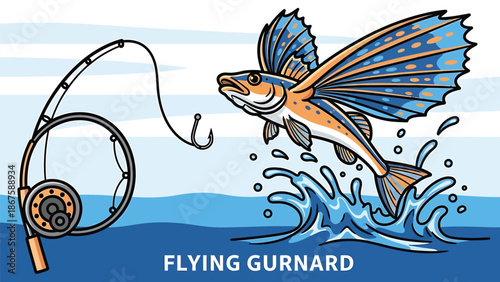 Colorful Flying Gurnard Fish Illustration Leaping from Blue Ocean Waves with Fly Fishing Rod and Hook Detailed Marine Life Graphic for Coastal Fishing Art and Nautical Educational Materials