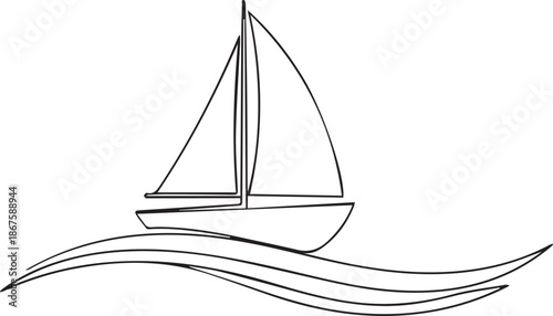 Sailing boat on calm wavy water in minimalist line art style