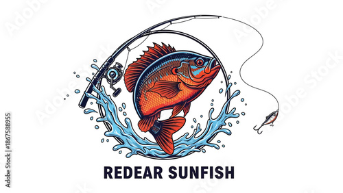 Vibrant Redear Sunfish Illustration Jumping from Water with Fishing Rod and Reel Action Scene Graphic for Anglers Outdoors Enthusiasts and Sport Fishing Tournament Design
