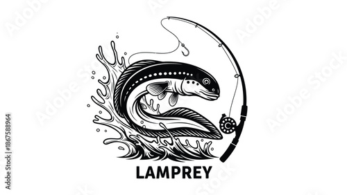 Lamprey Eel Style Fishing Logo with Slender Fish Curving from Water Waves and Fishing Rod Frame Unique Aquatic Creature Design for Specialized Angling and Biology Education Graphic Art