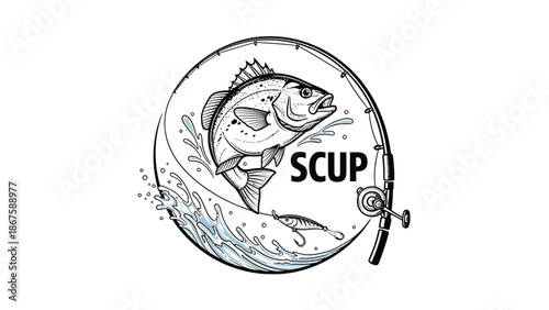 Scup Porgy Fishing Graphic with Detailed Fish Leaping from Waves and Fishing Rod Frame Professional Black and White Line Art for Marine Sport Fishing and Coastal Angling Community Design