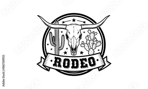 Rodeo emblem with longhorn skull and desert cacti in a circular badge design.