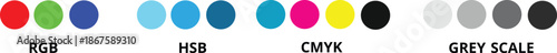 Digital and print color model comparison chart showing RGB, HSB, CMYK and grayscale samples