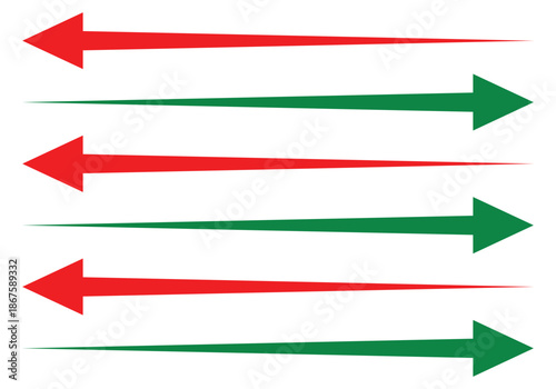 Long arrow icon. Colorful arrows icon, vector set. Red, green horizontal long straight arrow. Vector illustration.
