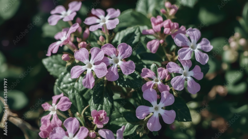 Fototapeta premium Clusters of purple and white flowers with green leaves.