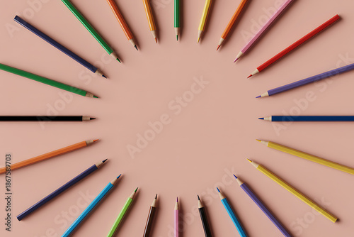 Vibrant colored pencils arranged in a circle on pastel background