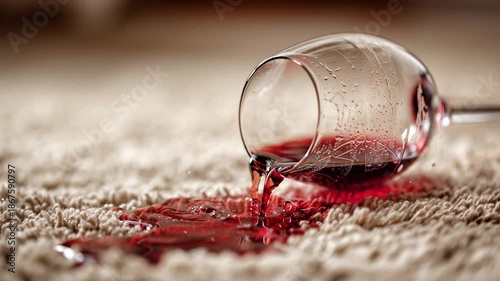 Overturned wine glass spilling vibrant red wine onto a light-colored, shaggy carpet, creating a challenging stain and symbolizing a common household accident.