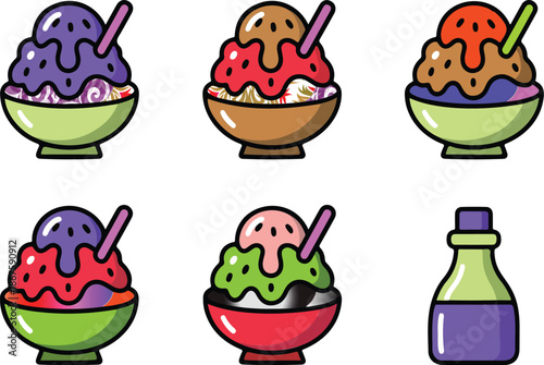 Japanese Kakigori Colorful Line Icon Set Strawberry, Melon, Matcha and Syrup Toppings