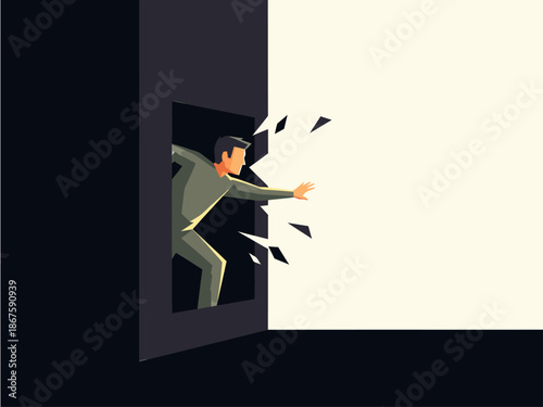 A man breaks free from a dark doorway, shattering constraints and embracing liberation. Human rights theme, dynamic action, impactful visual.