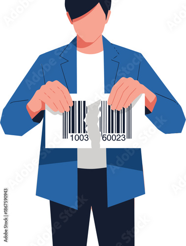 A man breaks a barcode, symbolizing freedom and justice. Bold graphic design with vibrant colors. Perfect for social media and marketing campaigns.