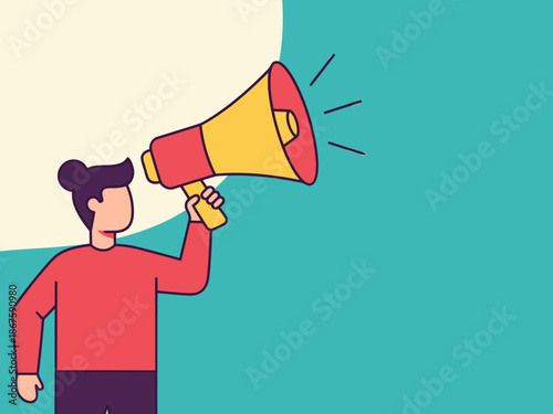 A young man holds a megaphone, promoting awareness and social justice. Bold colors and graphic style create a dynamic protest image.