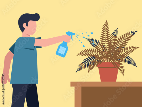 A young man mists a fern, increasing humidity. Clean, modern illustration for home decor and plant care concepts. Bright, inviting style.