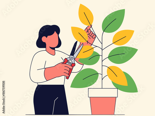 A woman carefully prunes a houseplant, promoting healthy growth. Clean, modern illustration with a focus on plant care and growth. Suitable for gardening, lifestyle, and wellness themes.