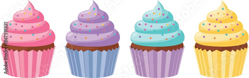 Colorful frosted cupcakes arranged in a row featuring vibrant pastel shades