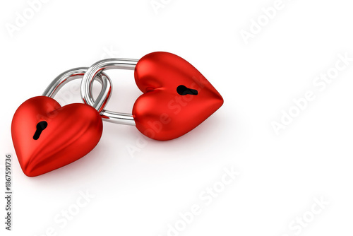 Two red heart shaped padlocks linked together isolated on white background