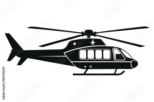 Aero Helicopter Silhouette Icon - Black Aviation Chopper Vector Graphic Isolated on White for Transport and Flight Design Concepts