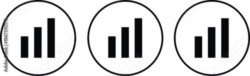 Business growth bar chart icon set with signal strength indicator symbols in circular frames for financial data analysis vector.