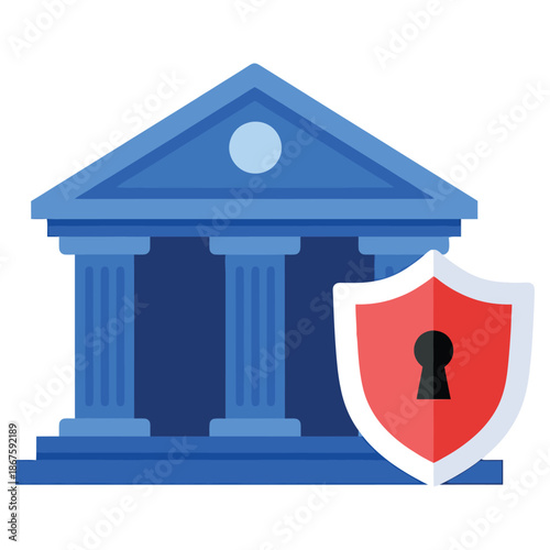 A blue bank building with a red shield and keyhole, symbolizing financial security and protection.