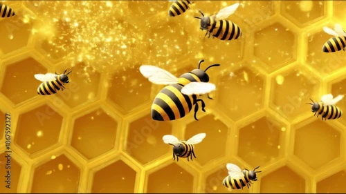 Golden honeycomb grid with buzzing bees and shimmering pollen under bright honey glow. Radiant glow
