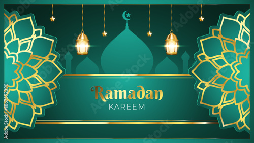 Luxurious Ramadan Kareem celebration greeting card banner. Traditional Islamic festive poster design. 3D Arabian decorations, mosque silhouette, and golden hanging lanterns