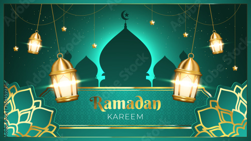 Luxurious Ramadan Kareem celebration greeting card banner. Traditional Islamic festive poster design. 3D Arabian decorations, mosque silhouette, and golden hanging lanterns