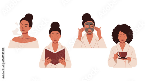 A serene collection of diverse women engaging in self-care activities, including aromatherapy, reading, face masking, and enjoying a warm beverage.