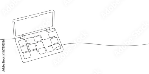 Minimal line illustration of an open eyeshadow palette with multiple color pans and a hinged lid, representing makeup, beauty, and cosmetic products.