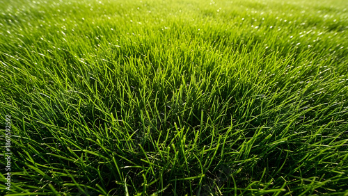 Closeup view of lush green grass with dense blades growing healthily outdoors in natural sunlight