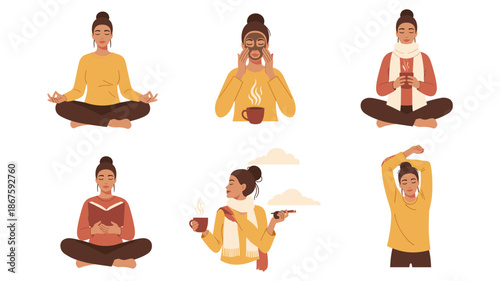 A collection of diverse illustrations depicting a woman engaging in various relaxing activities and self-care routines.