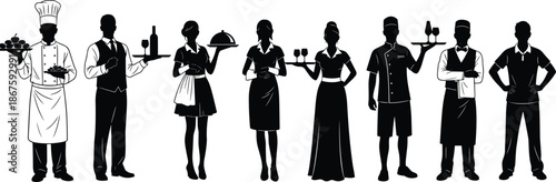 Silhouettes of hospitality staff in uniforms including chefs, waiters, waitresses and bartenders representing teamwork, service, food and beverage industry