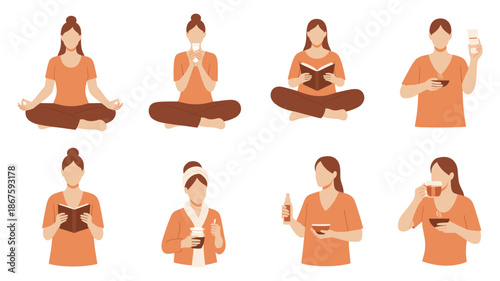 A collection of diverse women engaging in various daily self-care and relaxation activities, emphasizing well-being and mindful living.