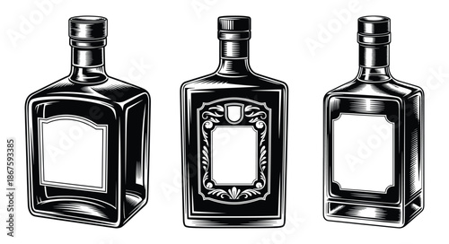 Vintage inspired whiskey bottle, Liquor bottles, whiskey, scotch, brandy, or gin, Sketch bottle whiskey, Graphic element, Vector illustration