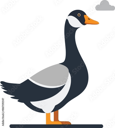 A stylized illustration of a gray goose with a small cloud above it