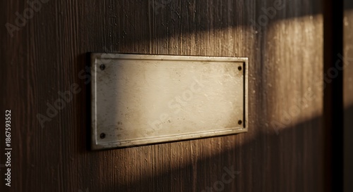 Empty Nameplate Sign Hanging on Rustic Wooden Door
