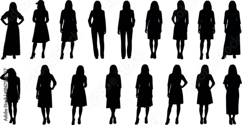 Black female silhouettes in various poses and professional outfits including dresses and suits for fashion design and corporate identity sets