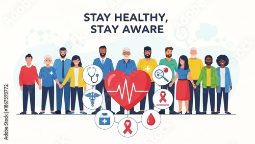 Diverse group of people standing together with health and wellness symbols around a large red heart