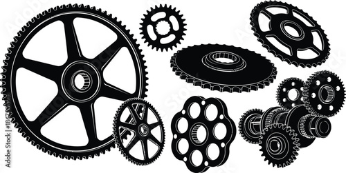 Set of 6 Gears and Cogs silhouette machine gear sprocket wheel and transmission mechanism parts
