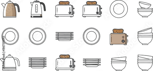 Collection of stylized vector icons featuring essential kitchen appliances and tableware such as kettles toasters plates and stacked bowls presented in a repeating pattern grid for graphic design use