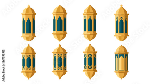 A collection of beautifully designed golden Arabic lanterns, perfect for illustrating Islamic holidays and cultural celebrations.
