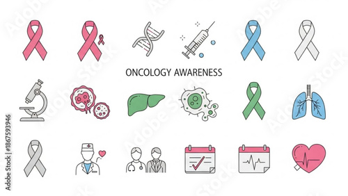 Oncology awareness colorful icons set including ribbons microscope cells lungs doctor and calendar