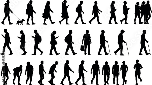 Black silhouettes of diverse people walking running and standing in various poses isolated on white background for urban lifestyle design