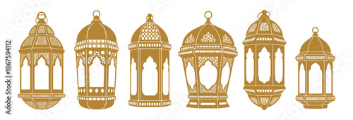 A collection of ornate golden Arabic lanterns, perfect for illustrating Islamic holidays and cultural celebrations with elegant design.