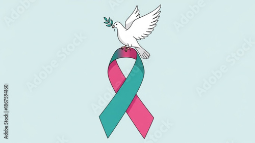 A white dove with olive branch flies over pink and teal awareness ribbon on light blue background