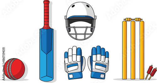 Set of 5 Cricket equipment flat illustration cricket bat ball wicket stumps helmet and batting gloves