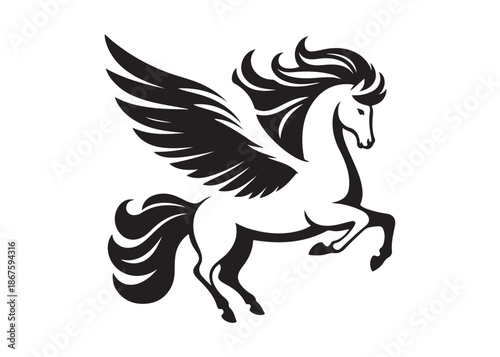 pegasus logo silhouette vector, horse with wings logo design icon vector illustration, magical fantasy horse vector silhouette, pegasus fly horse logo vector silhouette on white background