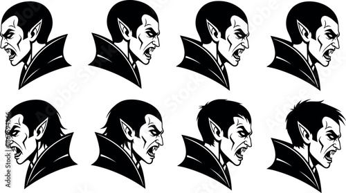 Detailed black and white vector set showing a vampire transformation sequence from a smooth hairstyle to wild and messy hair.