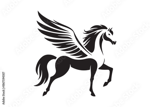 pegasus logo silhouette vector, horse with wings logo design icon vector illustration, magical fantasy horse vector silhouette, pegasus fly horse logo vector silhouette on white background