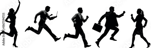 Energetic Silhouette Illustration of Professional Business People Running and Hurrying Towards Success in a Fast Paced Corporate Career Growth Environment